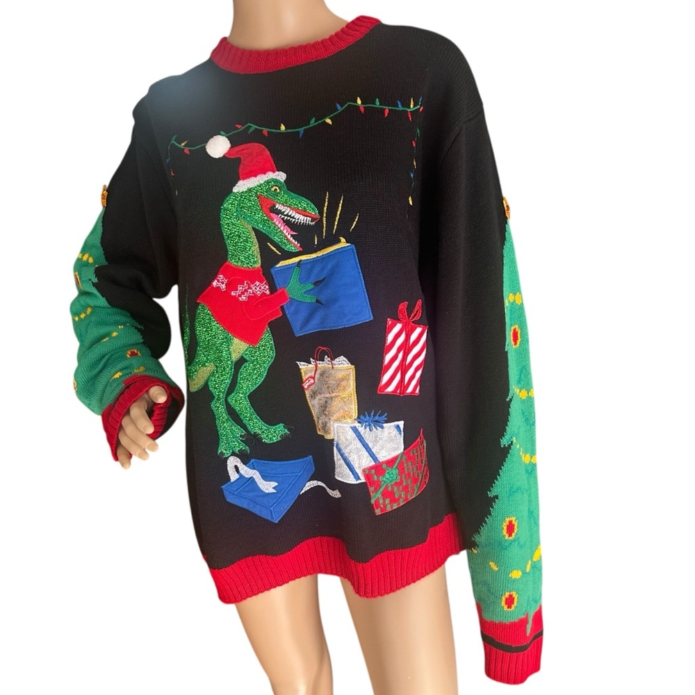 33 Degrees T-Rex Dinosaur Christmas Sweater Lights Gifts Tree Black 2XL